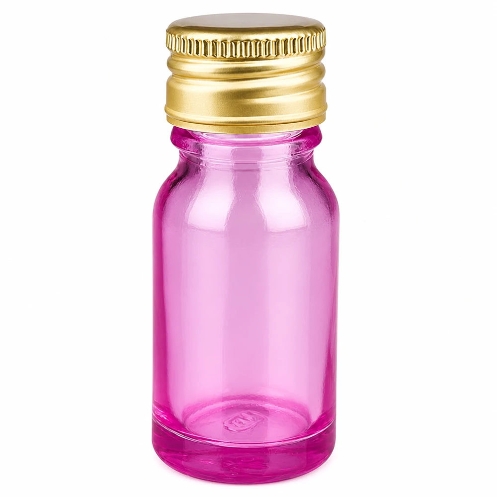 Compact 10ml flesje in helder paarse kleur met elegante goudkleurige schroefdop