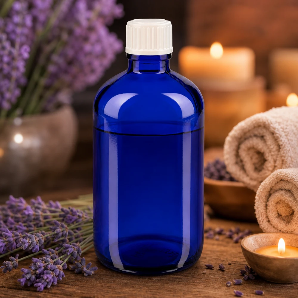Blauwe glazen flessen 100ml met wit schroefsluiting globuli uitgietring St Apothekersfles van 100 ml, blauw glas, lichtbeschermd, voor hydrolaten en verzorgingsproducten