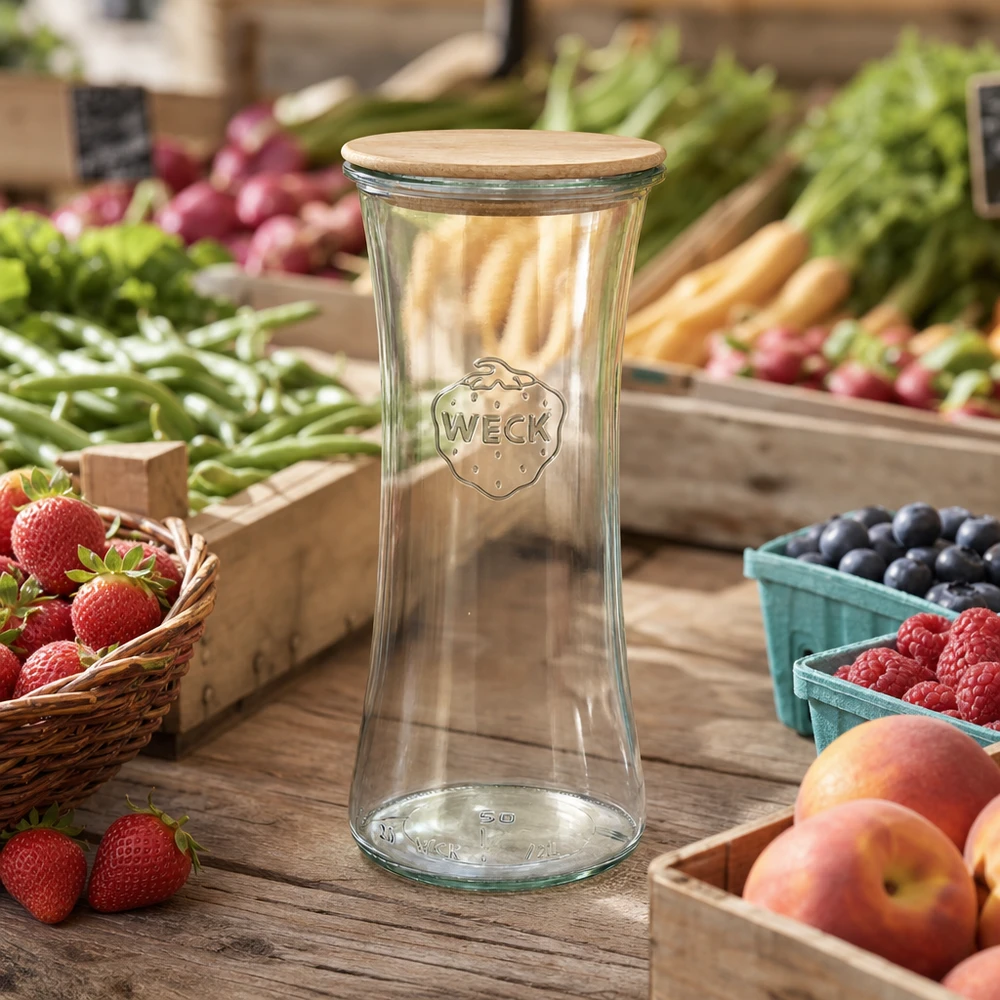 WECK delicatessenpot 700ml RR80 met houten deksel op weekmarkt tussen verse groenten en fruit natuurlijke omgeving
