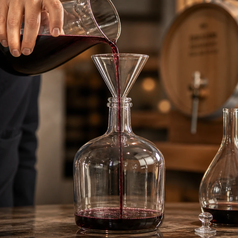 Transparante trechter van soda lime glas met compact kort handvat voor eenvoudig hanteren bij het decanteren