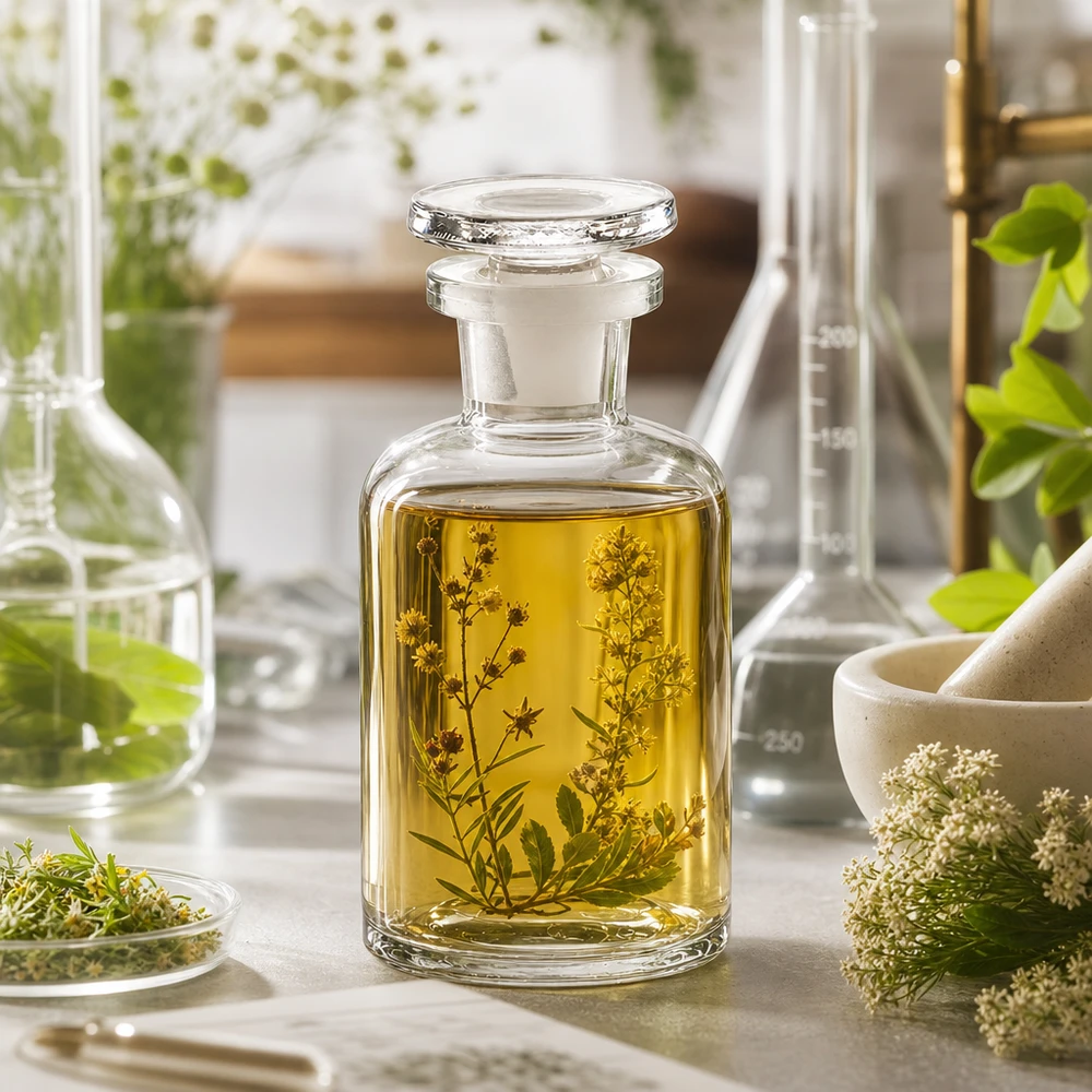 Decoratieve glazen fles van 50 ml met smalle hals en stop, voor kruidenoliën, essences en extracten