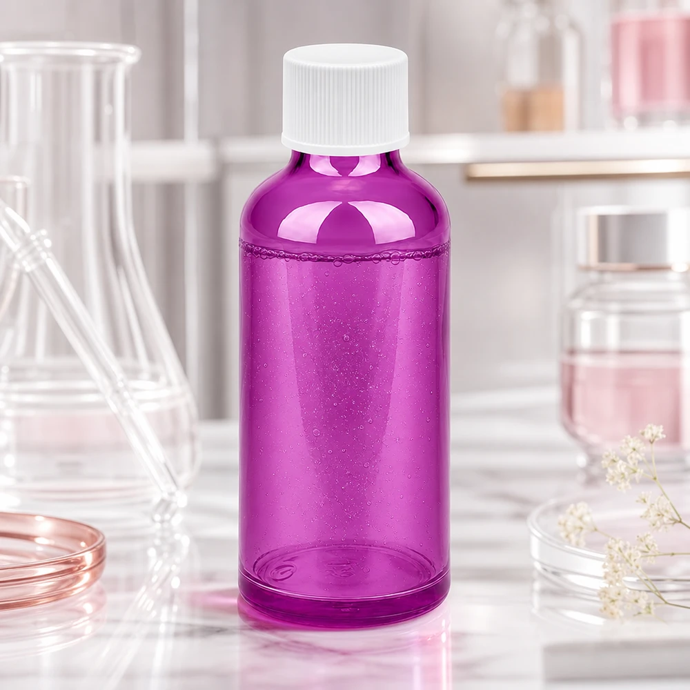 Robuust 50ml flesje van violet glas met standaard dop om veilig te bewaren