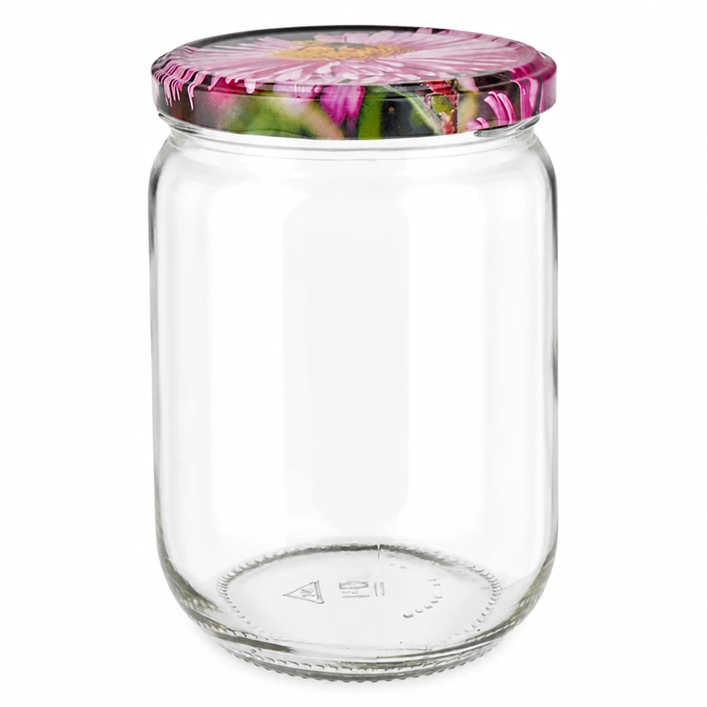 555 ml rond glas + BasicSeal-deksel ‘Blüte’ UNiTWIST Glazen pot van 555 ml, cilindrische vorm, met een kleurrijk deksel met bloemmotief, voor jam en honing