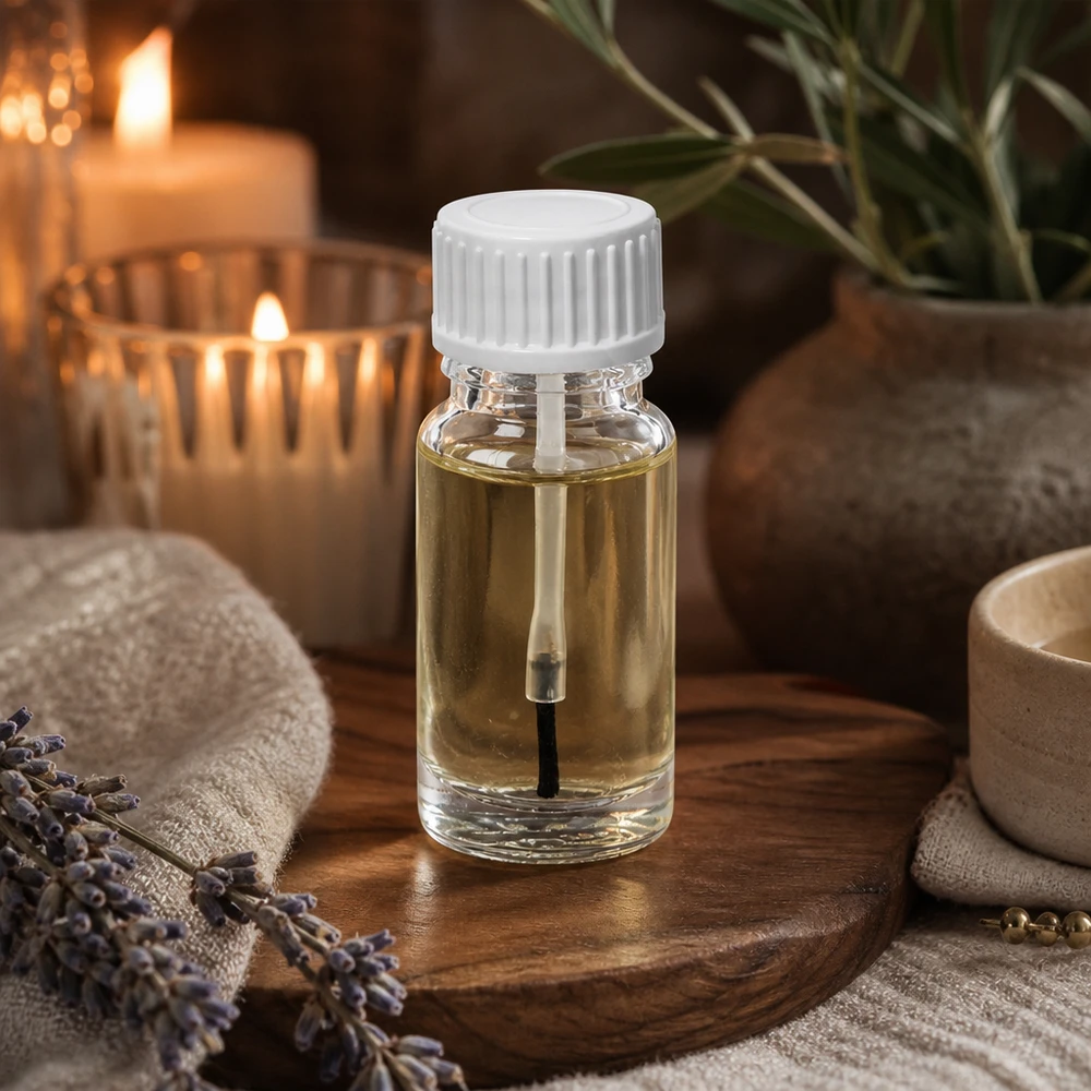 Doorzichtige fles met kwastje van 10 ml met witte dop op een houten onderzetter, naast lavendeltakjes en kaarsen