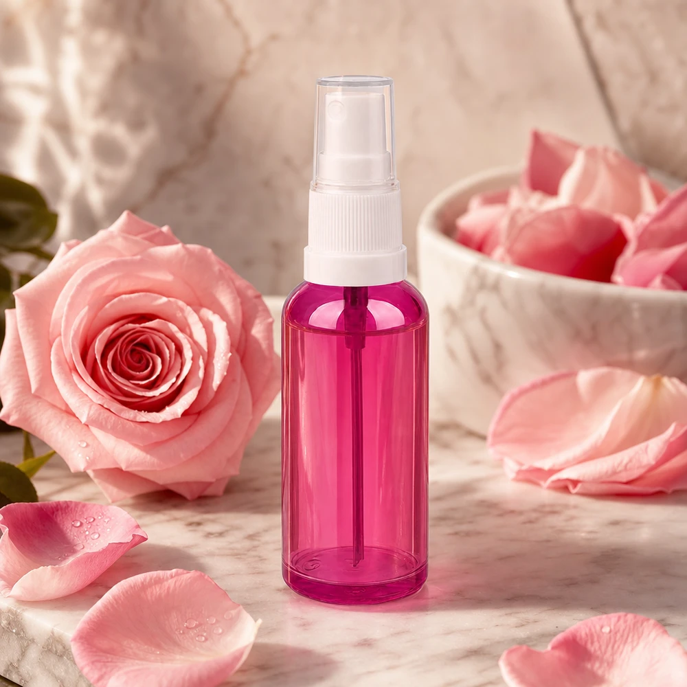 Compacte 50ml sprayflacon paars transparant met ergonomische witte spraykop