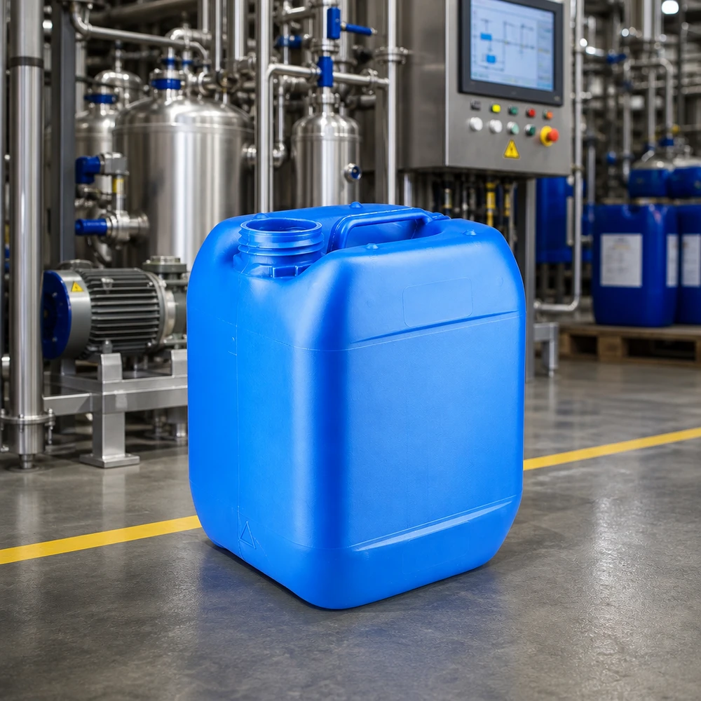 Blauwe industriële jerrycan van 5 liter zonder dop op de betonnen vloer van een productiefaciliteit