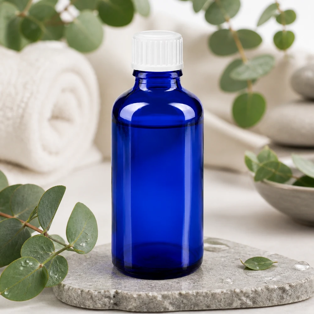 Blauwe glazen flessen 50ml met wit schroefsluiting globuli uitgietring St Glasflesje met UV-bescherming, 50 ml, blauw met witte dop, voor tincturen en geneesmiddelen