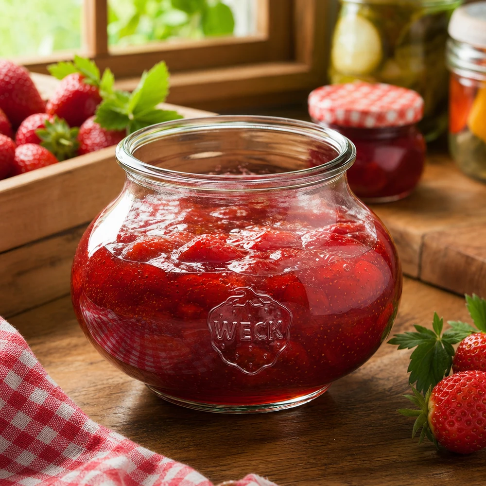 560 ml sierglas WECK RR80 WECK decoratieve pot 560ml RR80 gevuld met aardbeienjam in een rustieke keuken met verse aardbeien en inmaakpotten