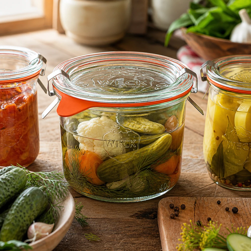 WECK 200ml inmaakpot RR80 voor het inmaken van groenten en komkommers in een rustieke keuken met dille en kruiden
