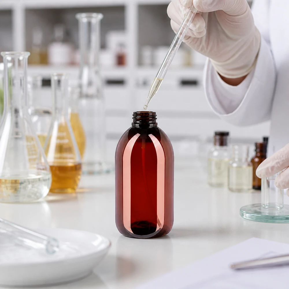 250 ml PET medicijnfles met verstuiver wit GCMI 28/410 incl. dop transparant, standaard Präzise Dosierung von Pflegeöl in 250ml PET Flasche bernstein mit Glaspipette