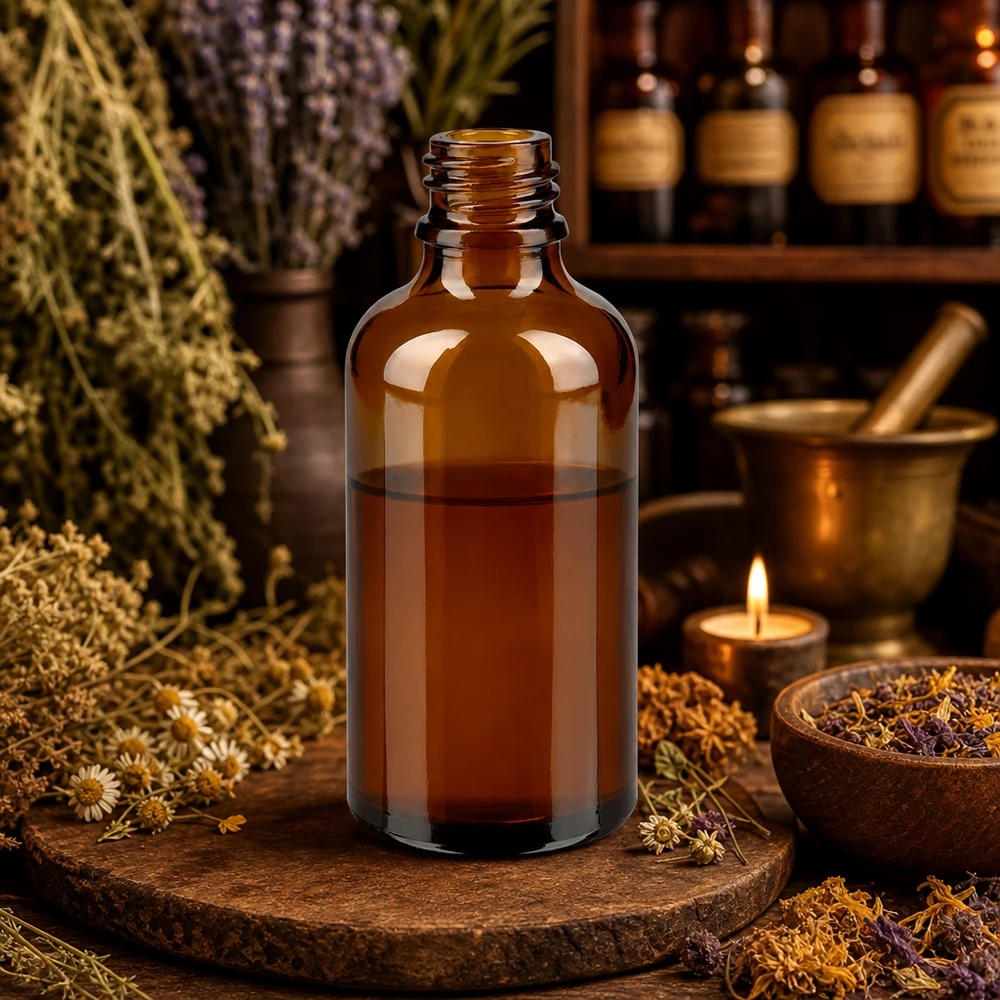 50ml bruine ApoGlas apothekersfles met kruidentinctuur in rustieke kruidenapotheek met vijzel en geneeskrachtige planten