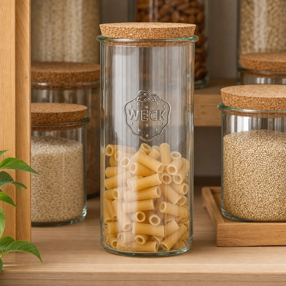 WECK RR100 1500 ml pot gevuld met pasta Keukenrek Kurkdeksel Pantry organisatie Opbergen