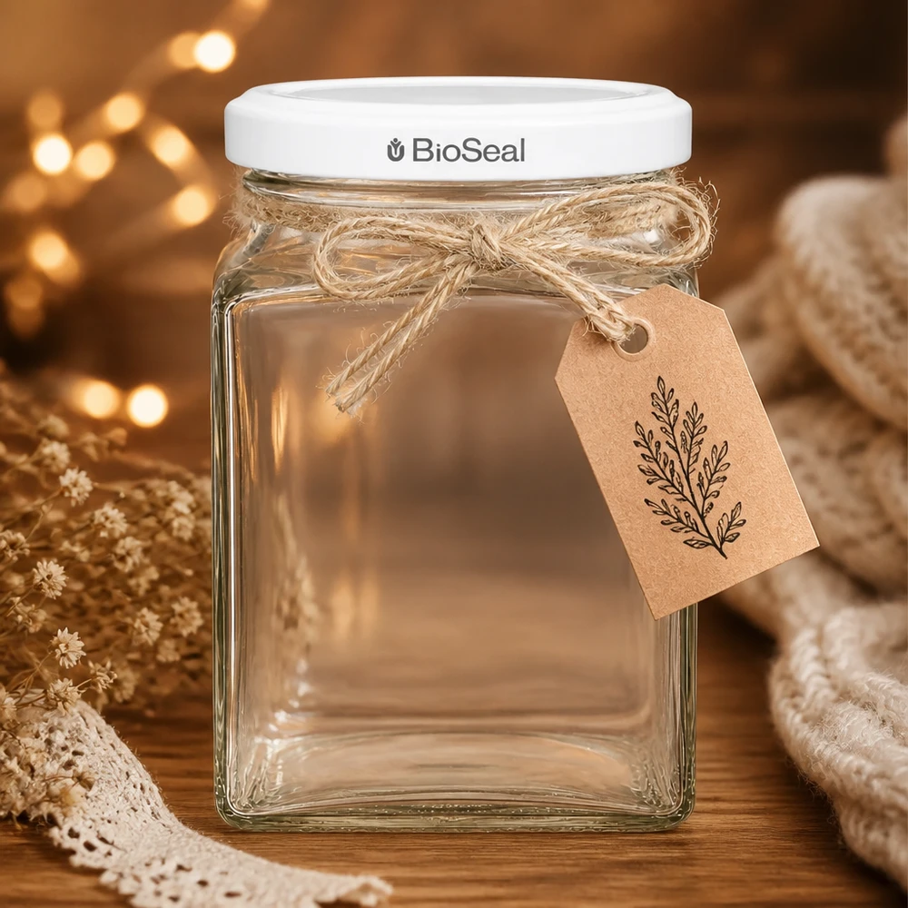 260ml tetraglas met BioSeal deksel wit UNiTWIST UNiTWIST Tetra260 Vorratsglas mit weißem TO58 BioSeal Deckel und Geschenkanhänger rustikale Deko warmes Licht