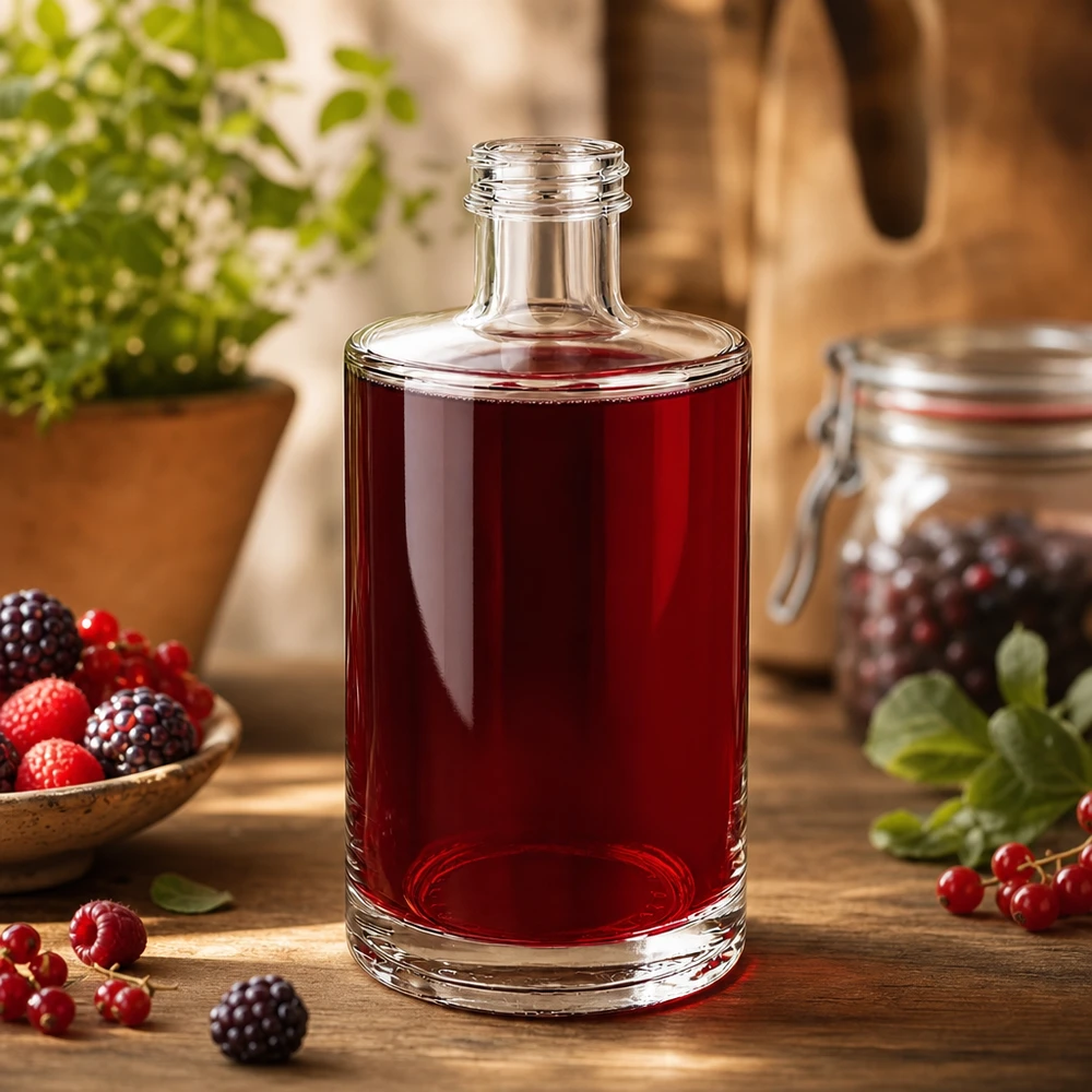 375 ml glazen fles Sam zonder schroefsluiting UNiTWIST® 375 ml glazen fles Sam gevuld met rode bessensap omringd door verse frambozen, bramen en rode bessen