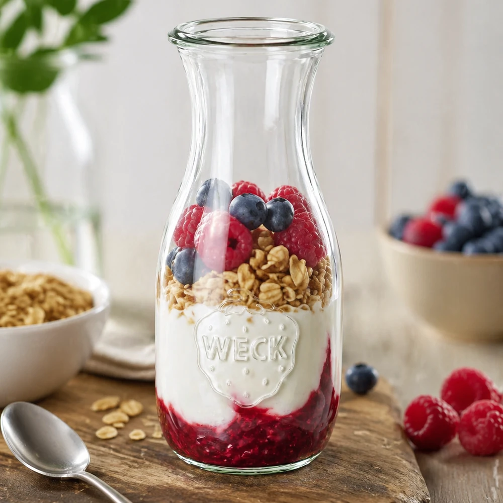 WECK sapfles 530ml RR60 als granenkom gevuld met yoghurt bessen en granola naast vers fruit