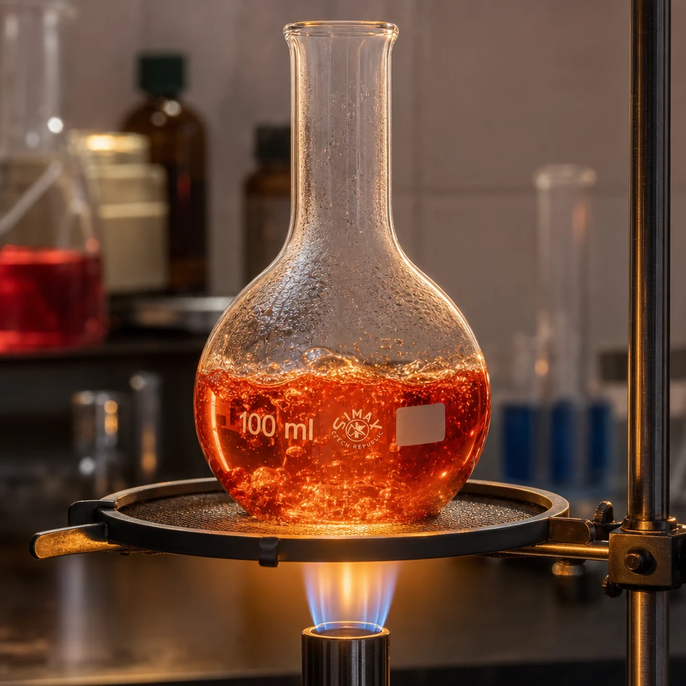Staande kolf 100 ml met smalle hals van transparant glas met borrelende reactieoplossing op verwarmingsplaat