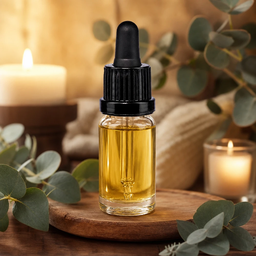 Doorzichtige pipetfles van 10 ml met goudkleurige olie op een houten schijfje naast takjes eucalyptus