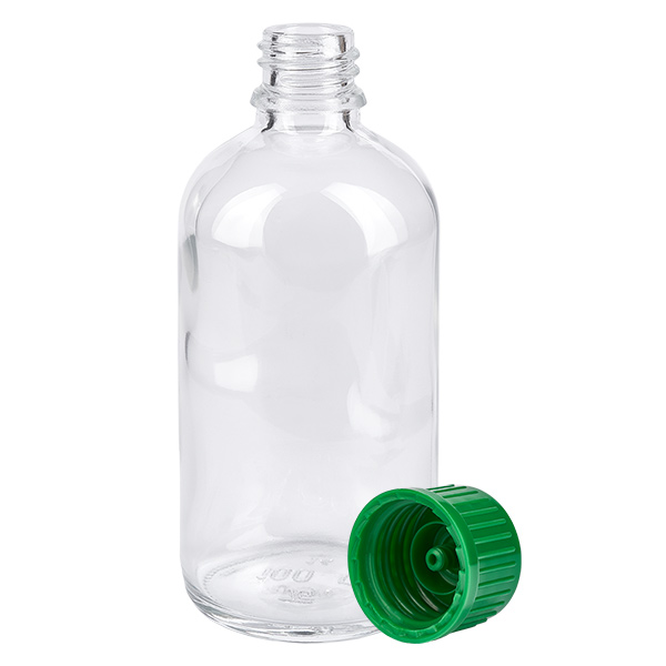 100ml fles 11mm SV groen STD ClearLine UT18/100 Doorzichtige ClearLine-apothekersfles van 100 ml met groene veiligheidsdop 11 mm SV