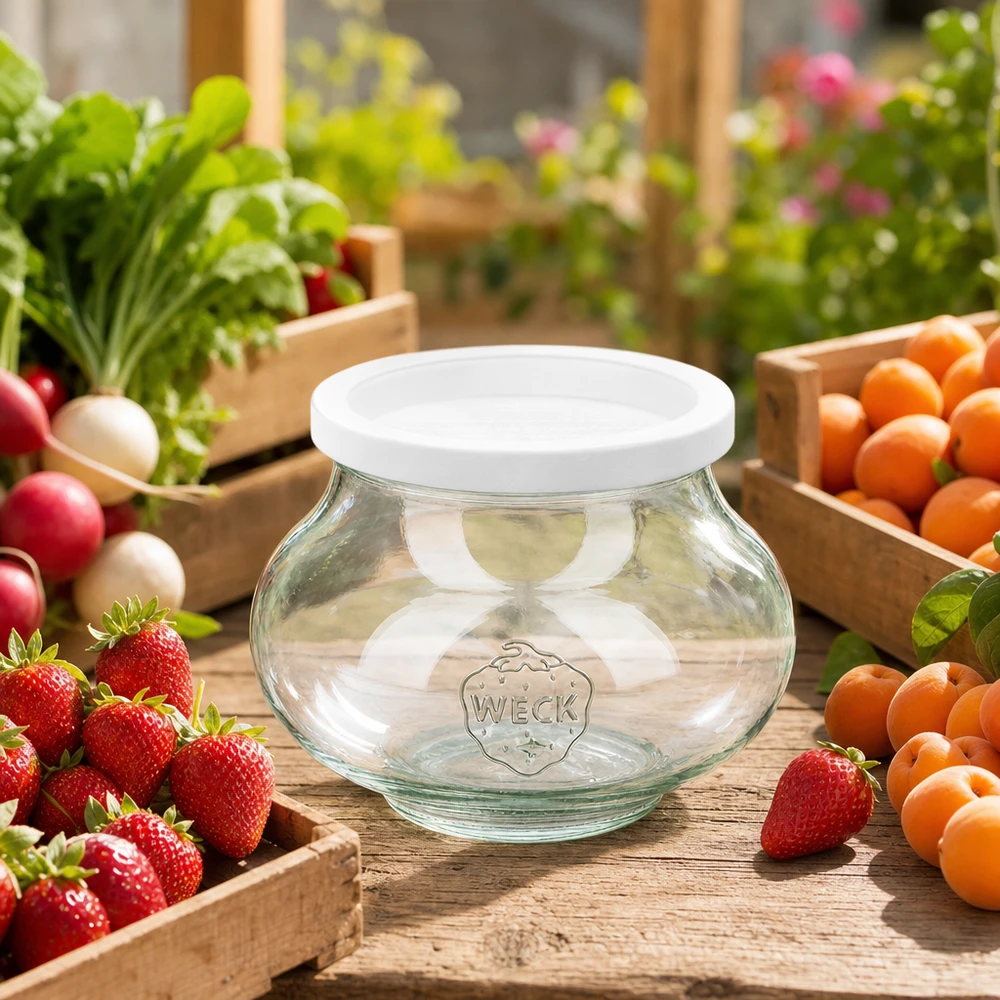 WECK voorraadpot 560ml RR80 leeg tussen vers fruit en groenten op een houten tafel in de tuin als voorraadpot