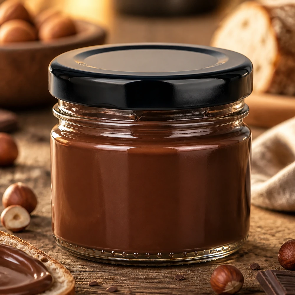 Compact rond glazen potje van 33 ml met zwarte deksel, ideaal voor notenpasta, jam en honing