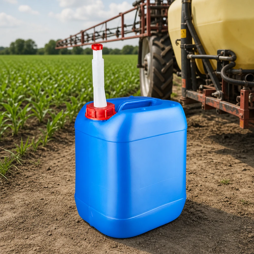 Draagbare vloeistofcontainer van 20 liter, blauw, met flexibele uitloopbuis voor gebruik in de landbouw
