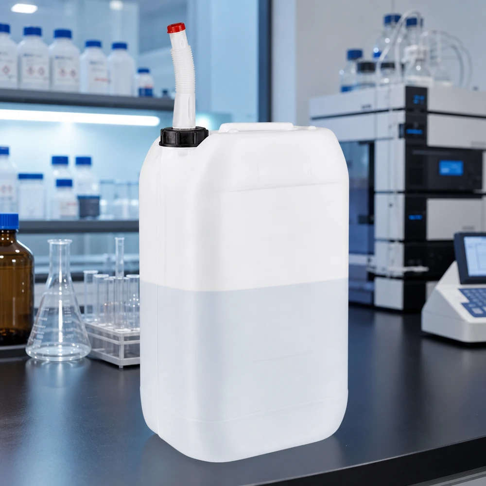 Industriële jerrycan van 15 liter met flexibele schenktuit in een professionele laboratoriumomgeving