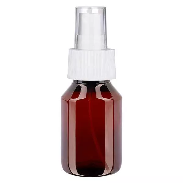 50 ml PET medicijnfles met verstuiver wit GCMI 28/410 incl. dop transparant, standaard 50 ml PET medicijnfles met verstuiver wit GCMI 28/410 incl. dop transparant, standaard