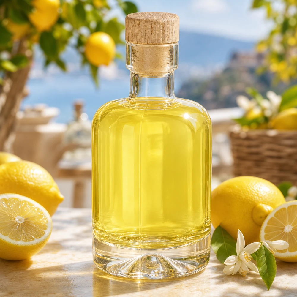 50 ml glazen fles Amelie gevuld met gele likeur tussen citroenen en bloemen, gedecoreerd in een mediterrane stijl