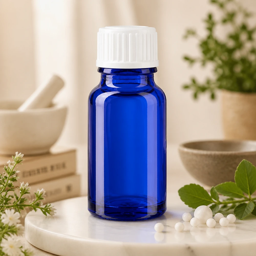 Kleine medicijnflesje, blauw, 10 ml, met een witte dop, omringd door wilde bloemen en groene geneeskrachtige planten