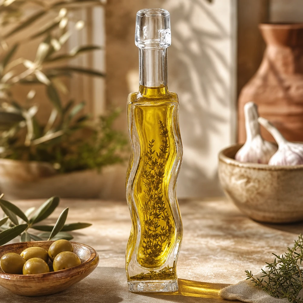 40ml glazen fles Anna gevuld met olijfolie en kruiden Gebruiksvoorbeeld Keuken Mediterrane decoratie