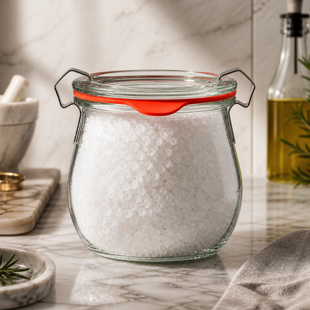 Idee voor een glazen kruidenpotje: Glazen WECK tulpenglas 220 ml WECK Mini-tulpenpot 220 ml met wit zeezout; voorraadpot op marmeren tafel