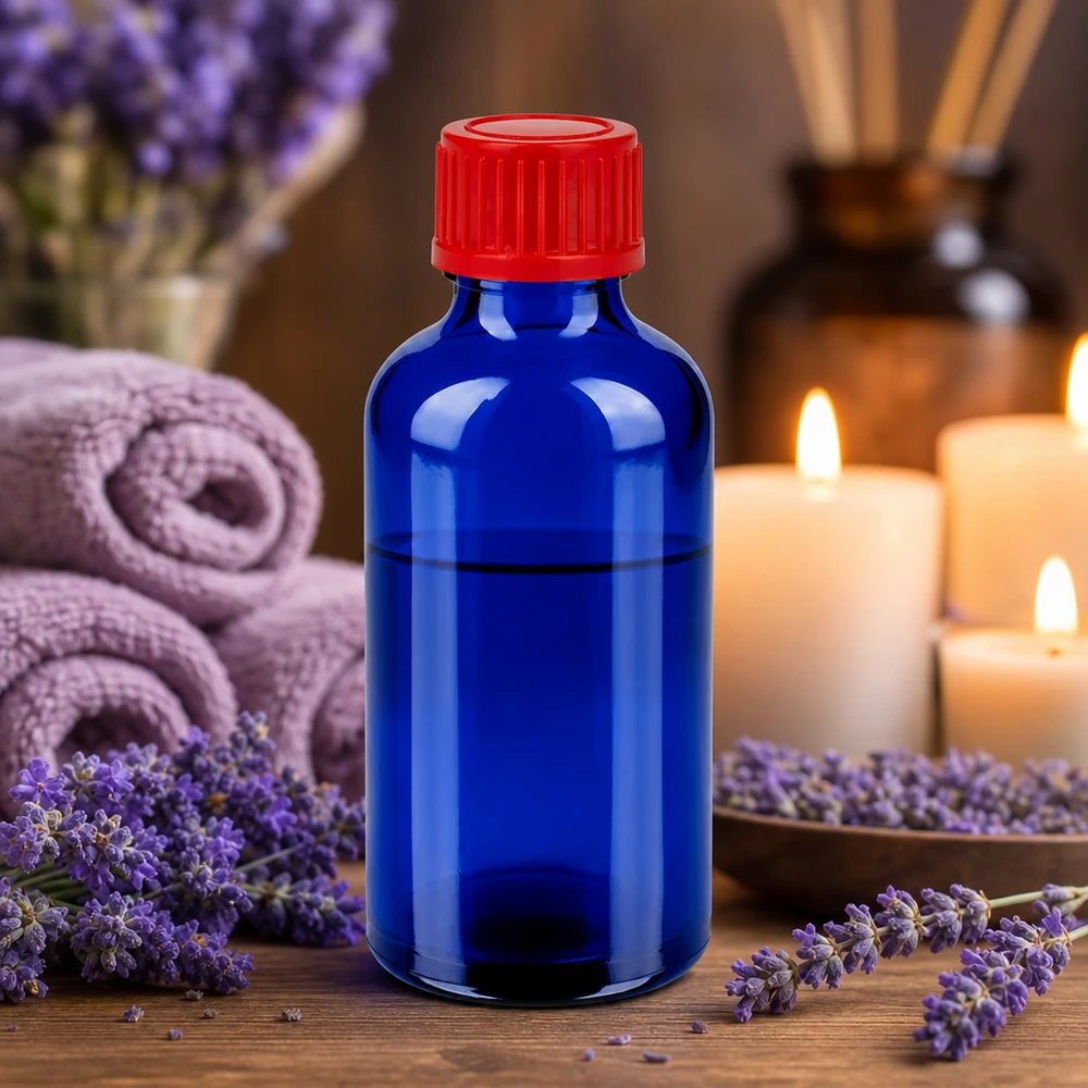 Premium glazen fles 50ml UT18/50 met UV-bescherming dankzij blauw glas en rode dop