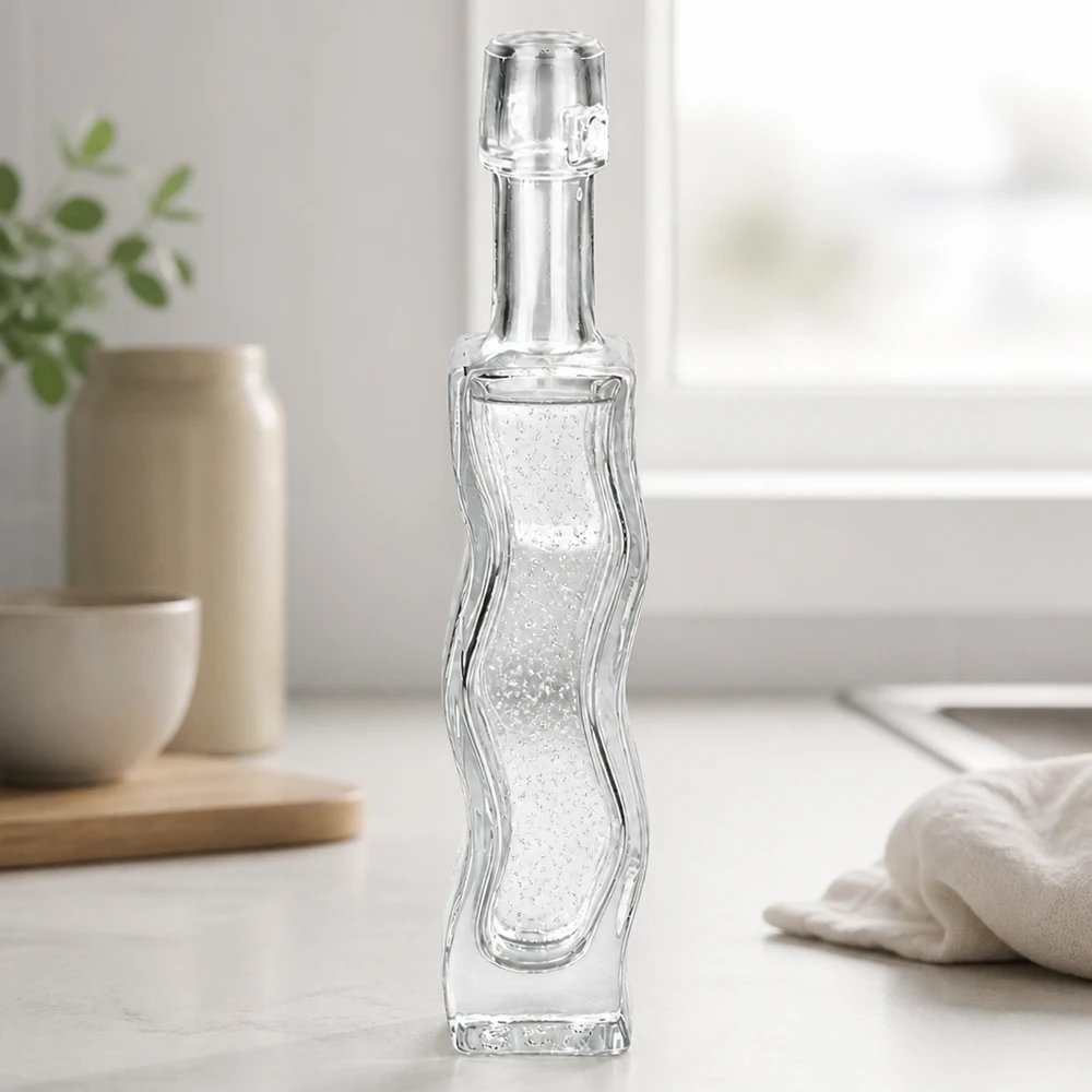40ml glazen fles Anna met golvend reliëfpatroon zonder draaidop transparant leeg badkamer sfeer zijaanzicht