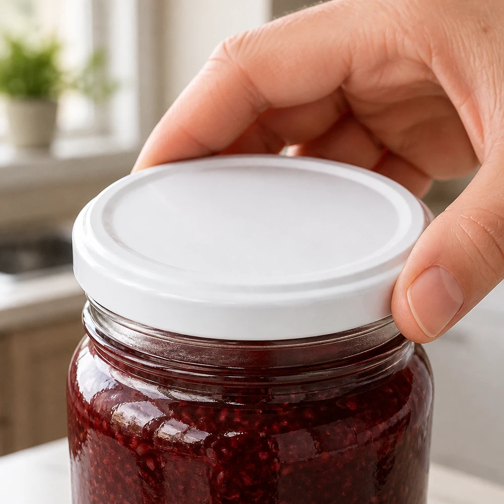 UNiTWIST TO43 wit metalen deksel BioSeal wordt op bessenjam geplaatst