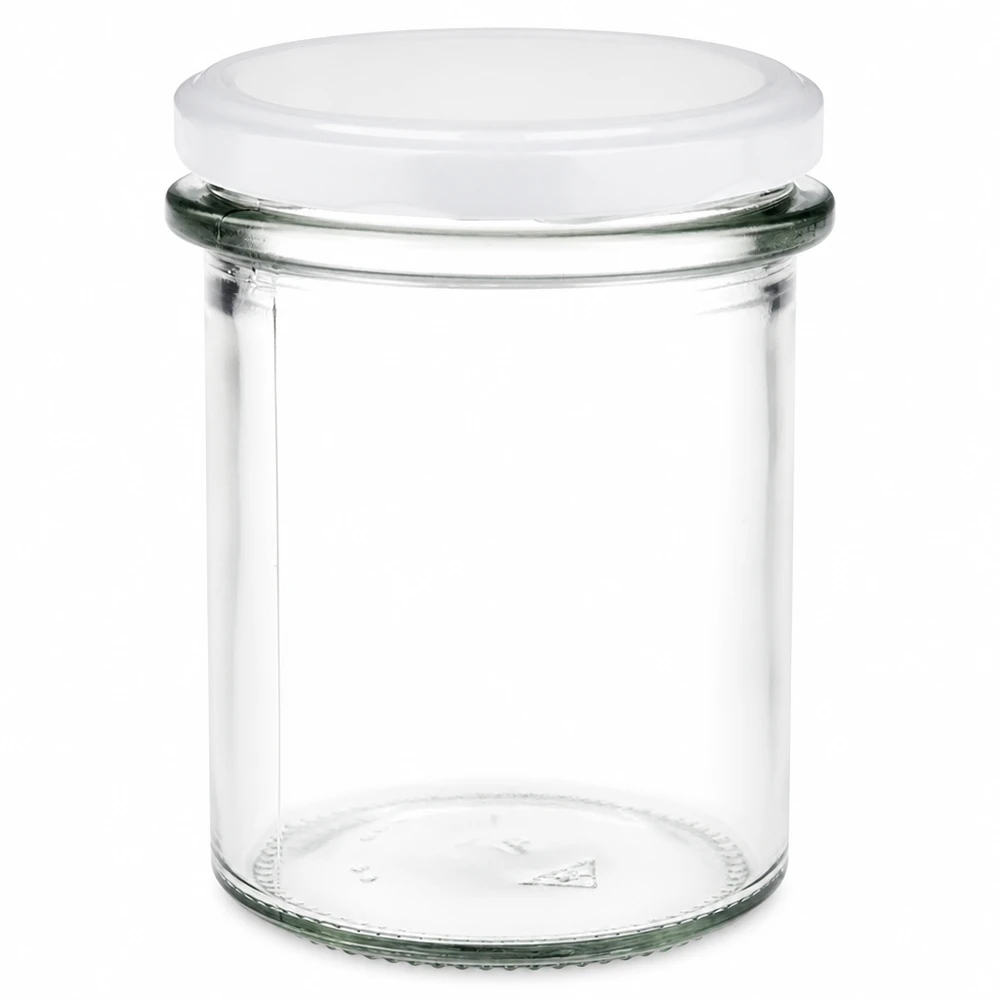214 ml rond glas + BasicSeal-deksel wit UNiTWIST Cilindrisch glas van 214 ml met een witte BasicSeal-deksel voor levensmiddelen