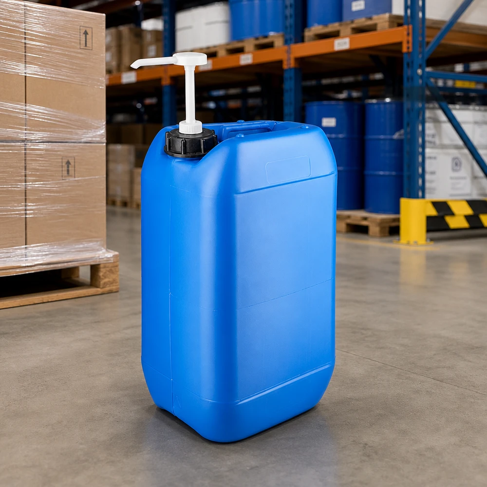 Canister 15 liter blauw met doseerpomp Stapelbare industriële jerrycan van 15 liter, blauw, met pomp voor de opslagrekken
