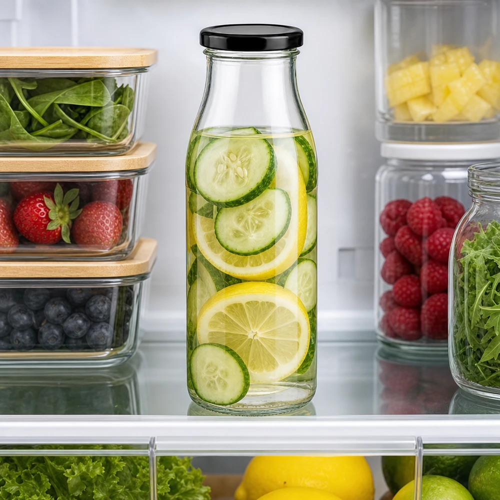 500 ml glazen fles komkommer-citroenwater in de koelkast tussen vers fruit en groenten