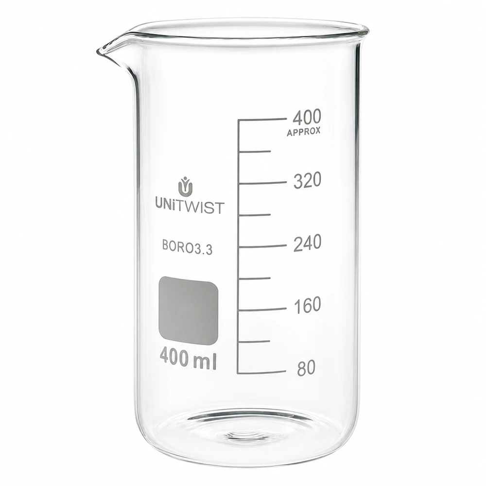 Chemiebeker 400 ml, borosilicaatglas, hoge vorm, met schrijfveld en schenktuit UNITWIST