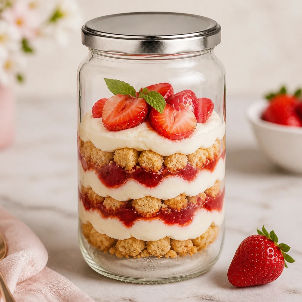 795 ml ronde pot met BasicSeal deksel als dessertpot voor aardbeientrifle met room en koekkruimels