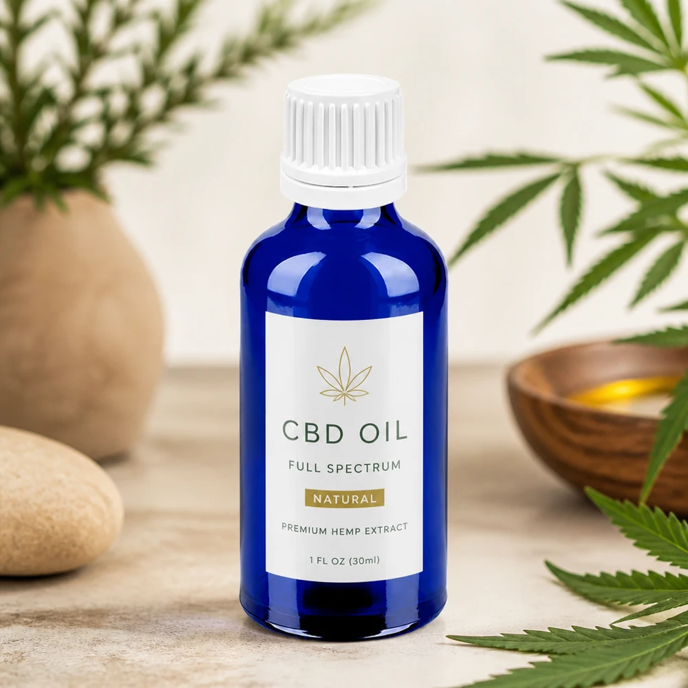 Compact 50ml druppelflesje in blauw voor CBD olie opslag met kindveilige witte deksel
