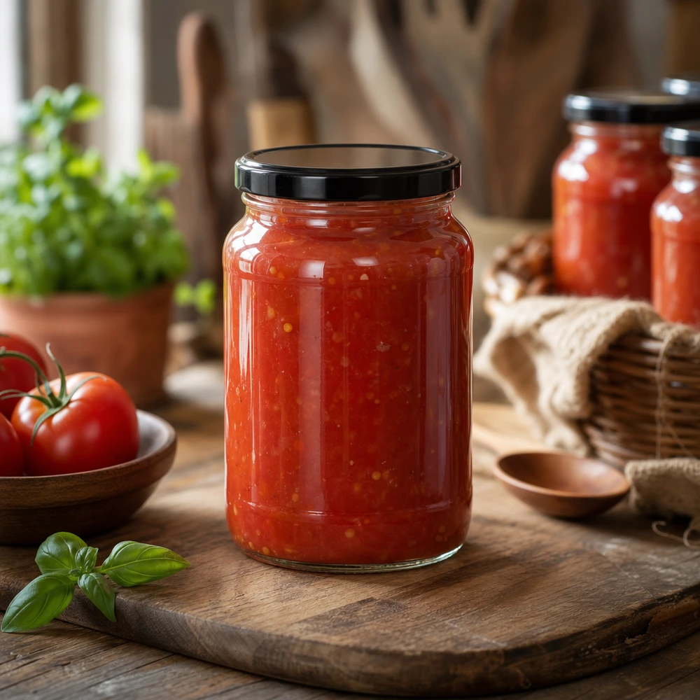 Tomatensaus in 1700ml ronde pot zwart BasicSeal deksel houten plank keuken rustieke sfeer inmaakpot