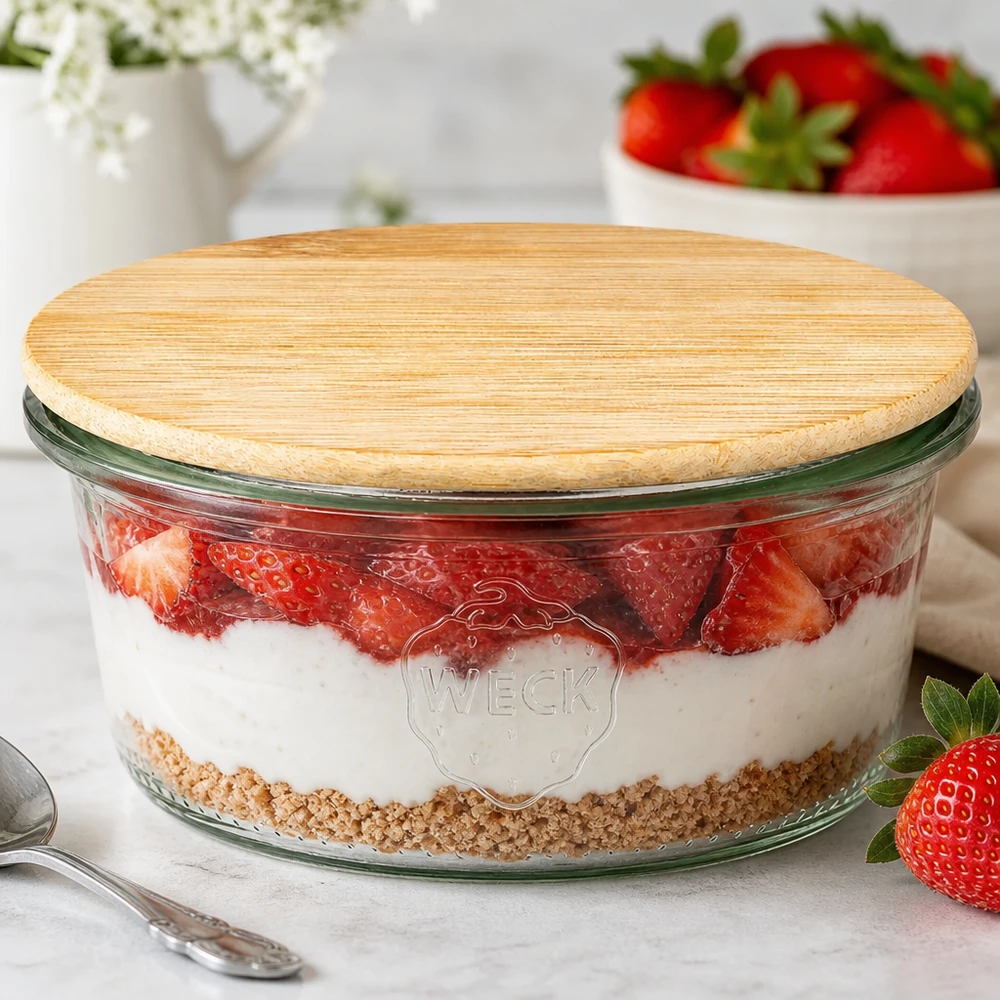 165ml stortglas WECK RR80 met hout deksel WECK RR80 165ml mason jar met bamboe deksel als dessertpot voor aardbeien gelaagd dessert in een keukensfeer