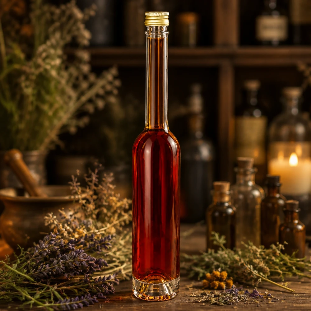 100ml glazen fles Toni gevuld met rode vloeistof in kruidensfeer - gouden UNiTWIST dop