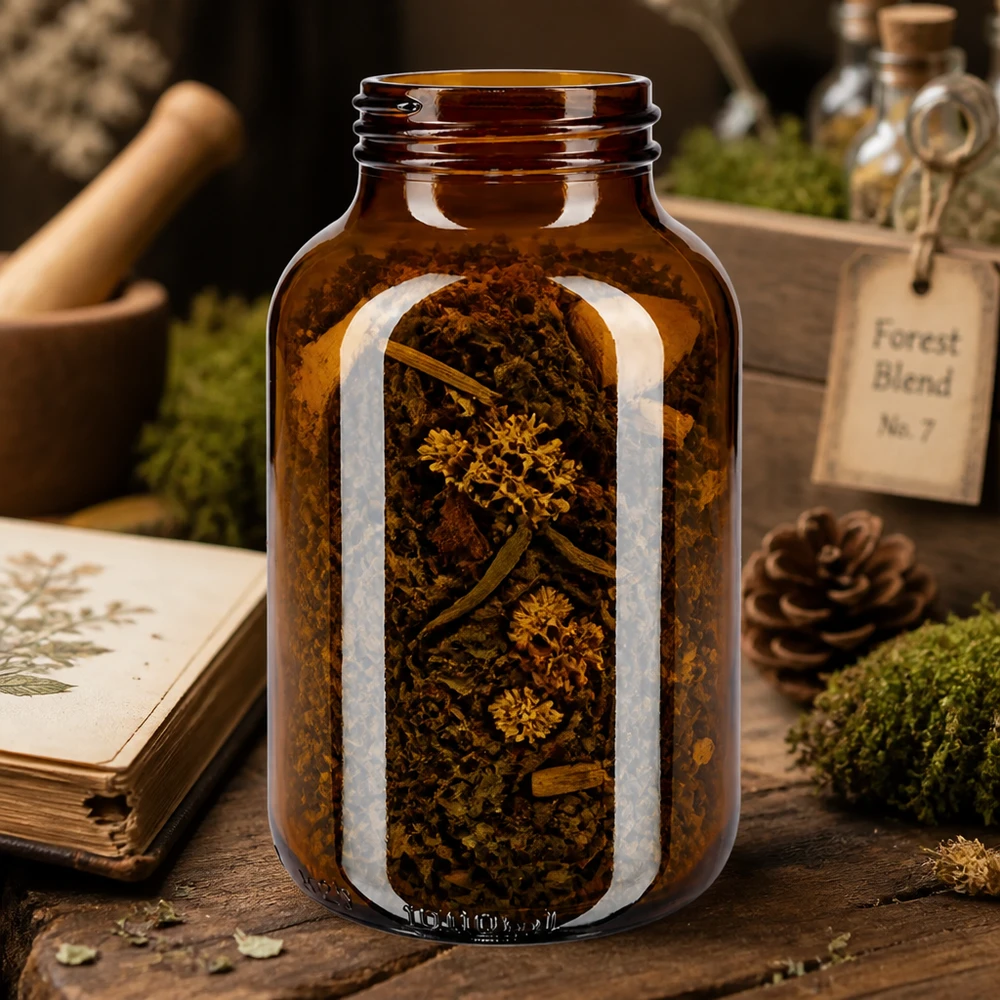 Grote amberkleurige glazen fles 1000ml met extra brede hals ideaal voor kruiden en gedroogde planten