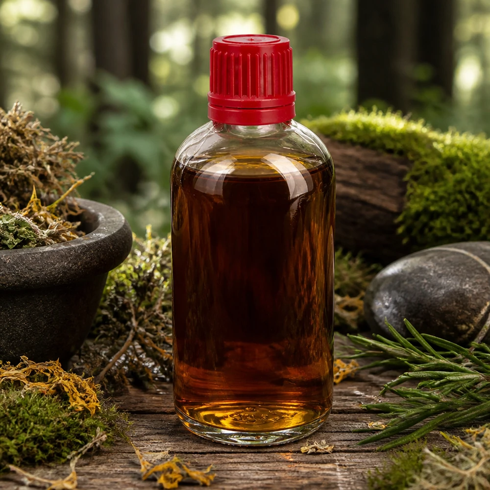 Doorzichtige fles van 100 ml met rode dop, omringd door mos en natuurlijke kruiden in een bosachtige omgeving