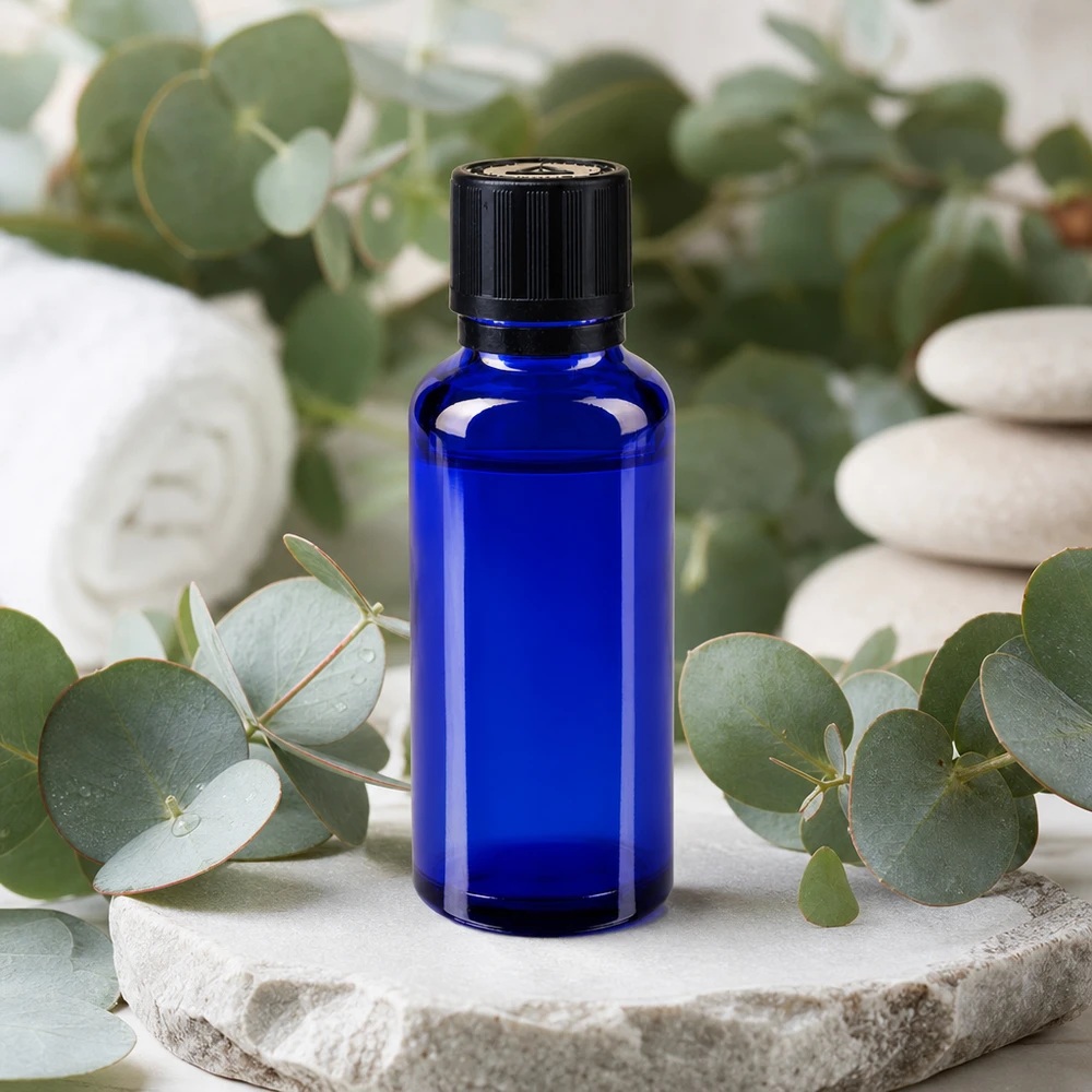 Blauwe glazen flessen 30ml met zwart druppelsluiting kinderslot Bliw VR 30 ml druppelflesje van UV-bestendig glas in blauw met een inzetstuk van 1 mm voor etherische oliën en essences
