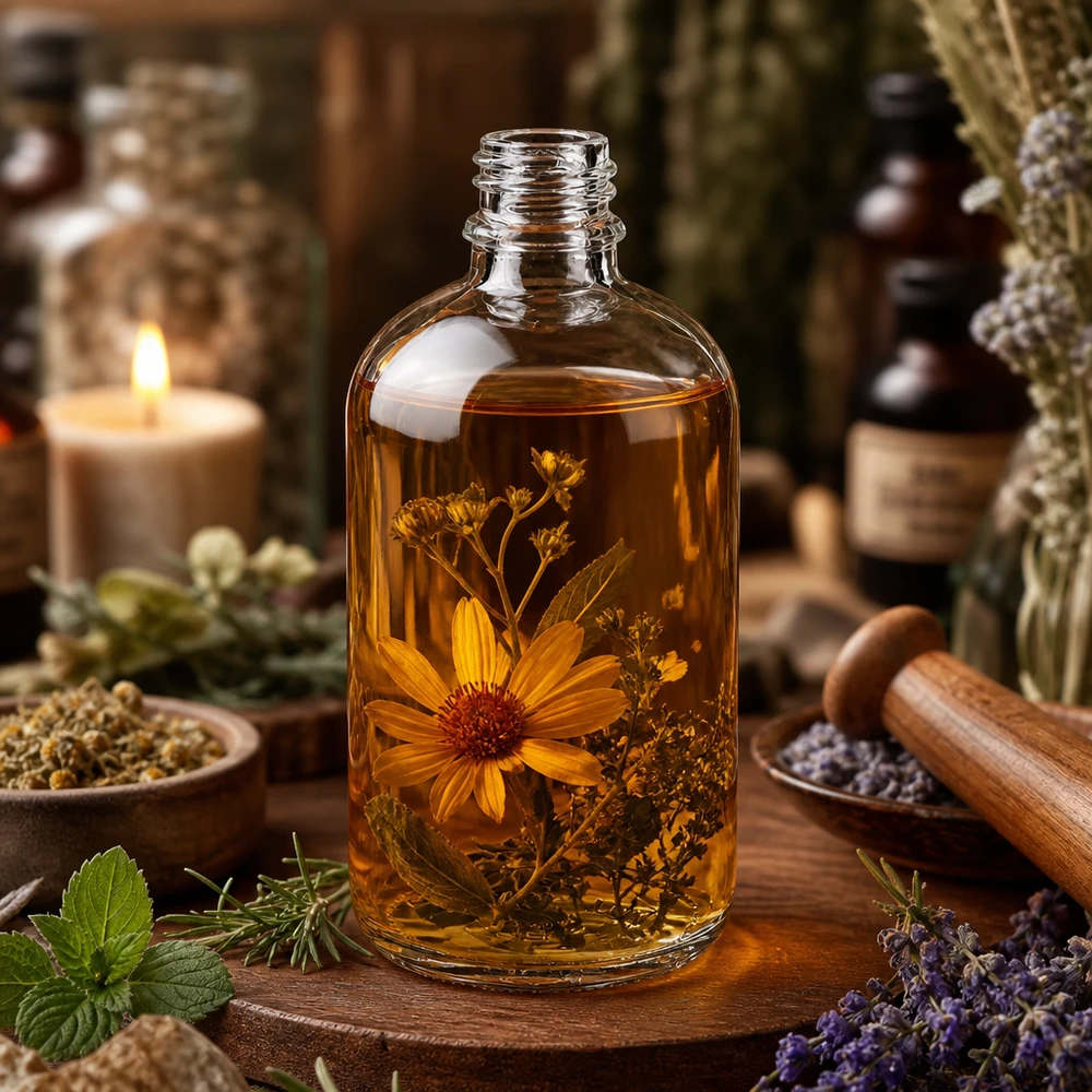 Apothekersfles ApoGlas 100ml met amberkleurige inhoud en gedroogde kruiden voor natuurgeneeskunde