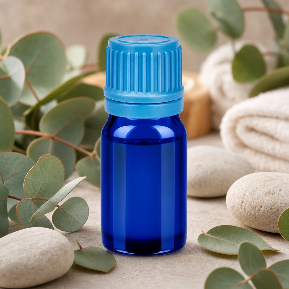 Robuust 5ml flesje van blauw glas met een goed sluitend systeem voor een lange houdbaarheid
