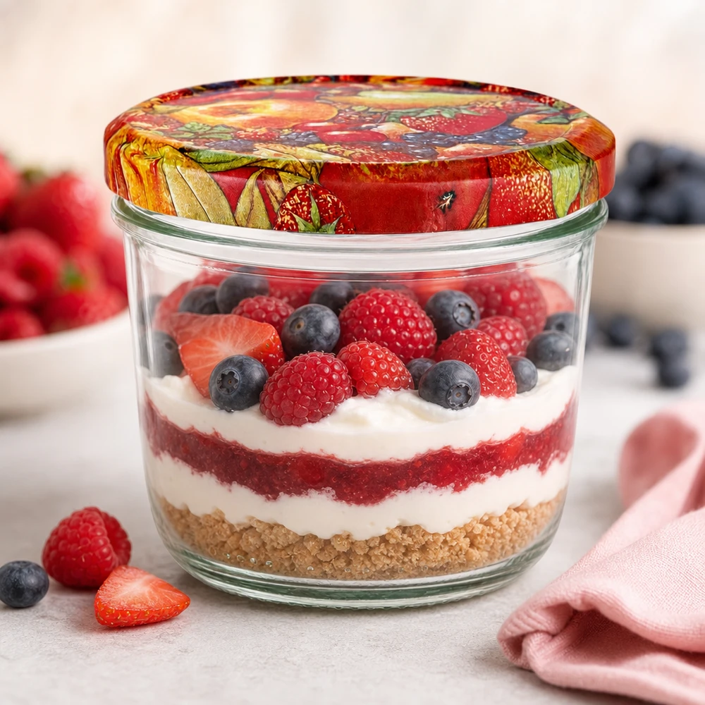 230 ml bekers met BasicSeal fruitdecor deksel gevuld met een gelaagd dessert van bessen, room en biscuitbodem