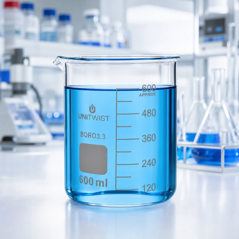 Beker 600ml borosilicaat, lage vorm UNiTWIST Stevig maatglas van 600 ml, borosilicaatglas 3.3, met schaalverdeling tot 600 ml van UNiTWIST
